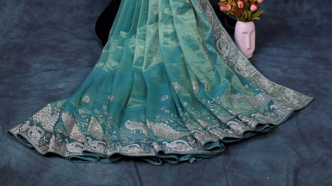 Dark Sea Green Light Weight Premium Organza Saree With Peacock Embroidary Border