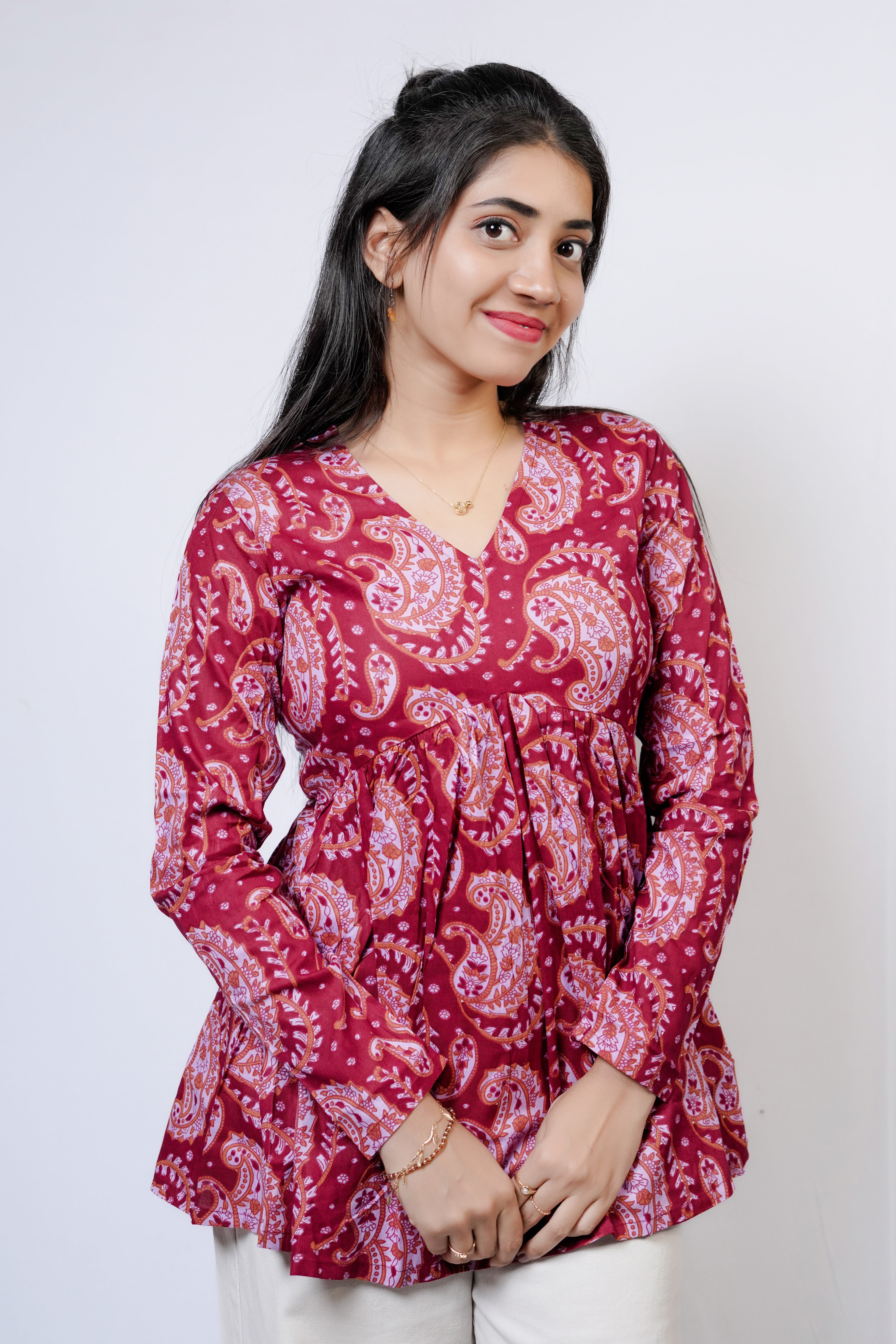Mehroon Paisley Flare Short Kurti