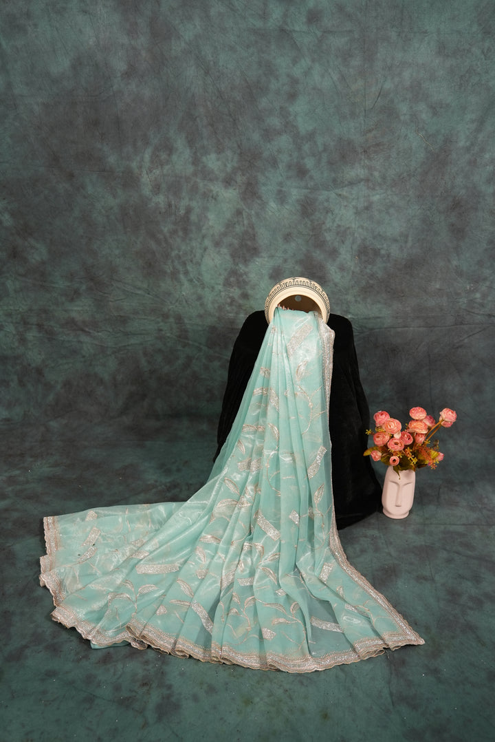 ISHNA Meher Aqua Blue Embroidered Organza Saree