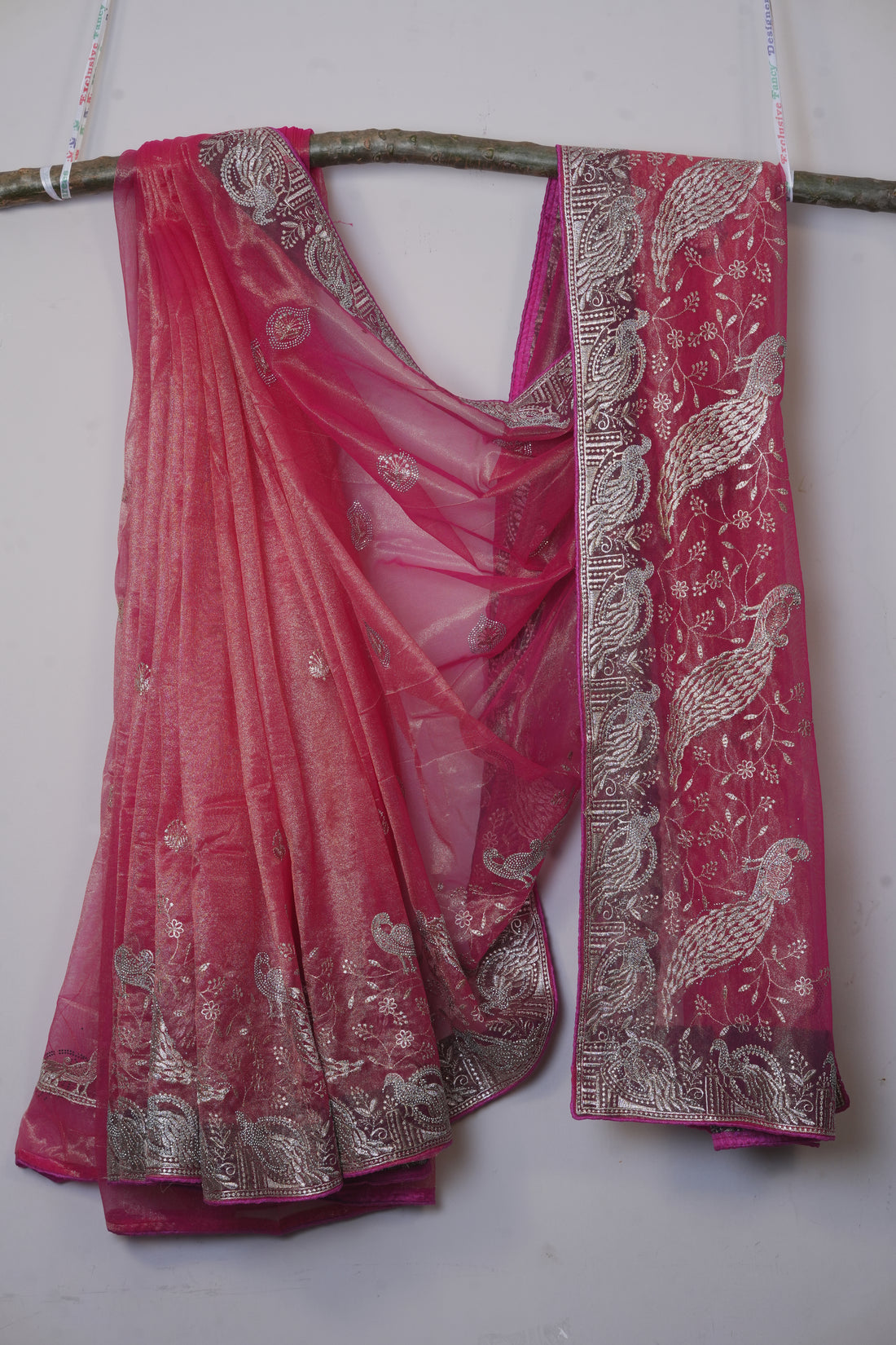 Deep Raspberry Pink  Light Weight Premium Organza Saree With Silver Peacock Embroidery