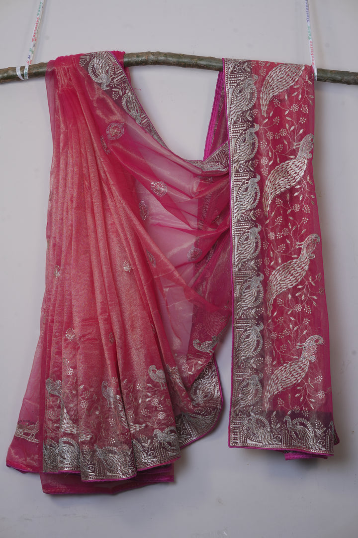 Deep Raspberry Pink  Light Weight Premium Organza Saree With Silver Peacock Embroidery