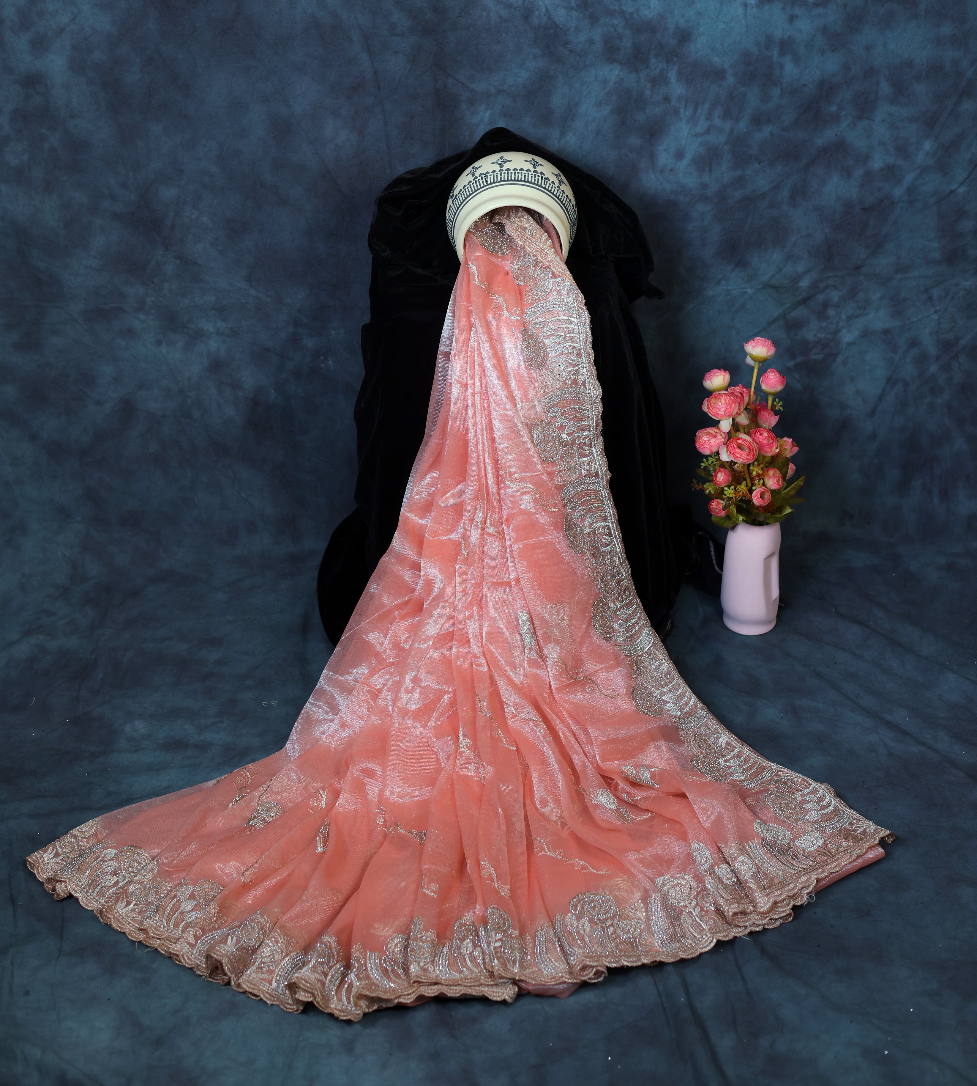 Champagne Peach Light Weight Premium Organza Saree With Peacock Embroidary Jari Border
