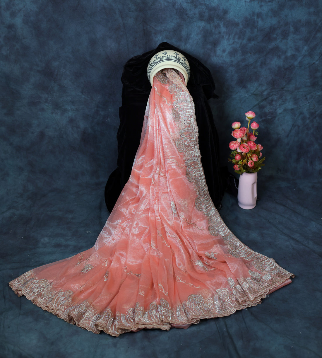 Champagne Peach Light Weight Premium Organza Saree With Peacock Embroidary Jari Border