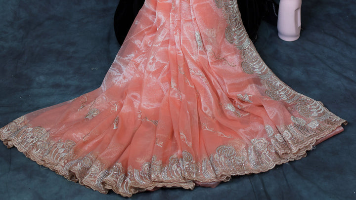 Champagne Peach Light Weight Premium Organza Saree With Peacock Embroidary Jari Border