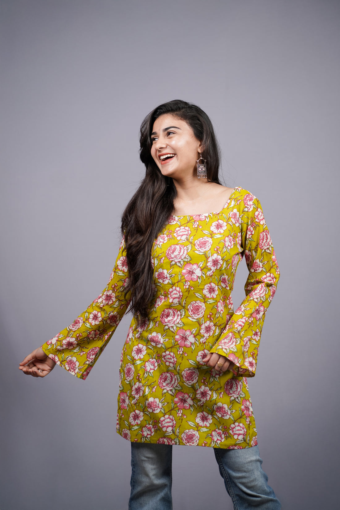 Haritika Mustard Rose Jaipuri Short Kurti