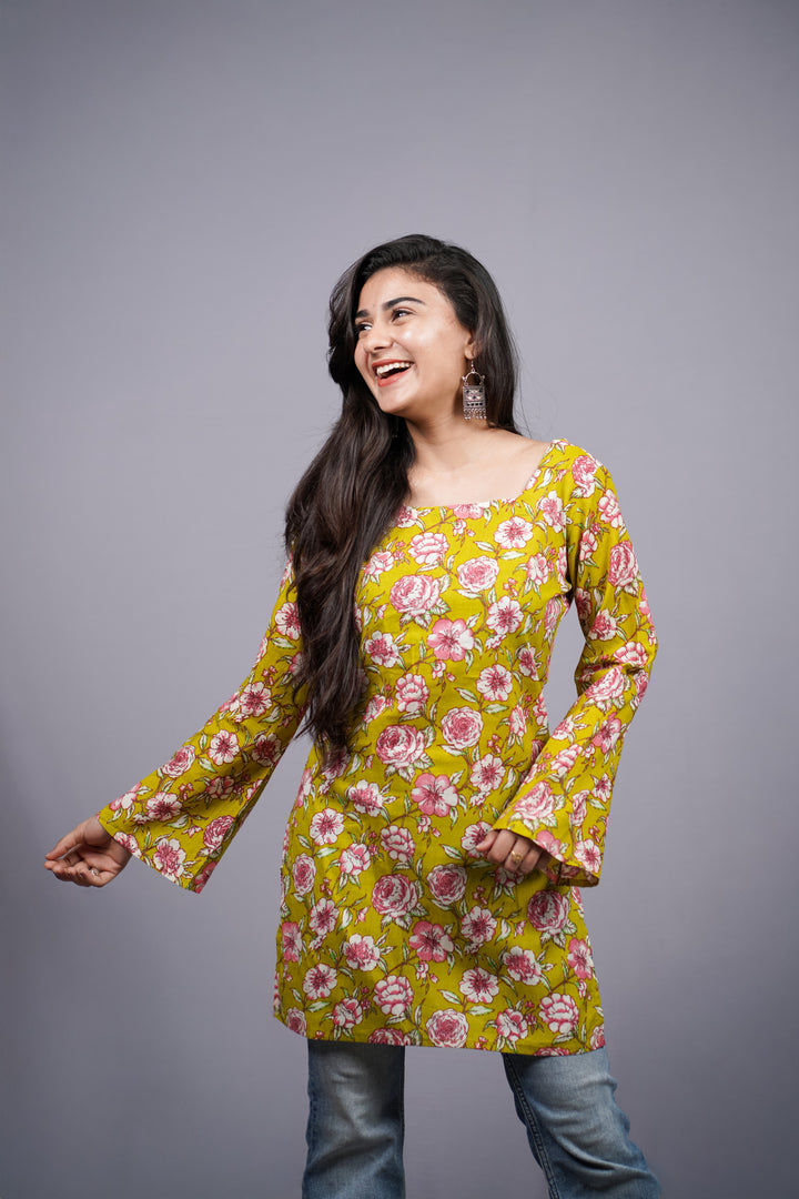 Haritika Mustard Rose Jaipuri Short Kurti