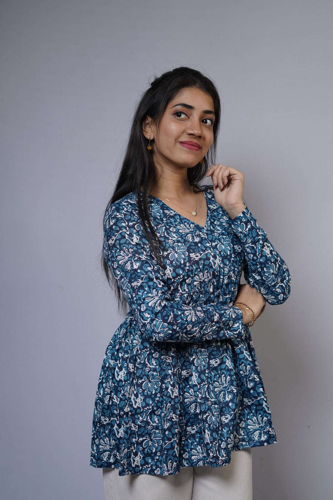 Teal Floral Short Kurti