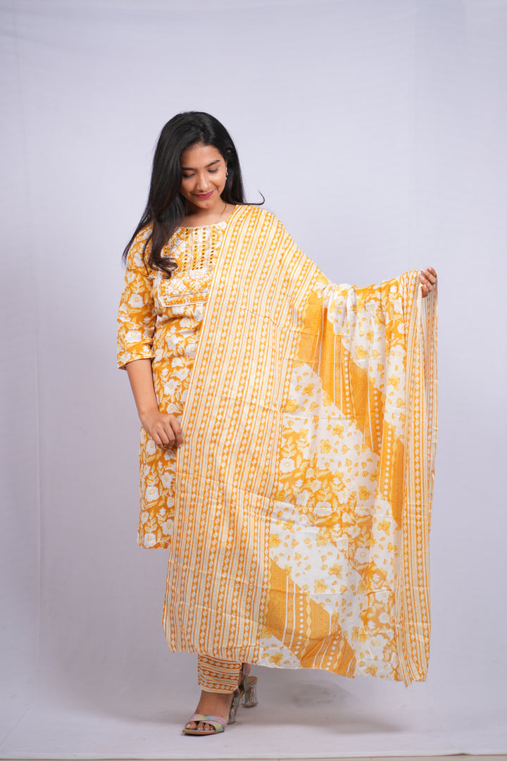 ISHNA Mustard Bloom Heritage Kurti Set