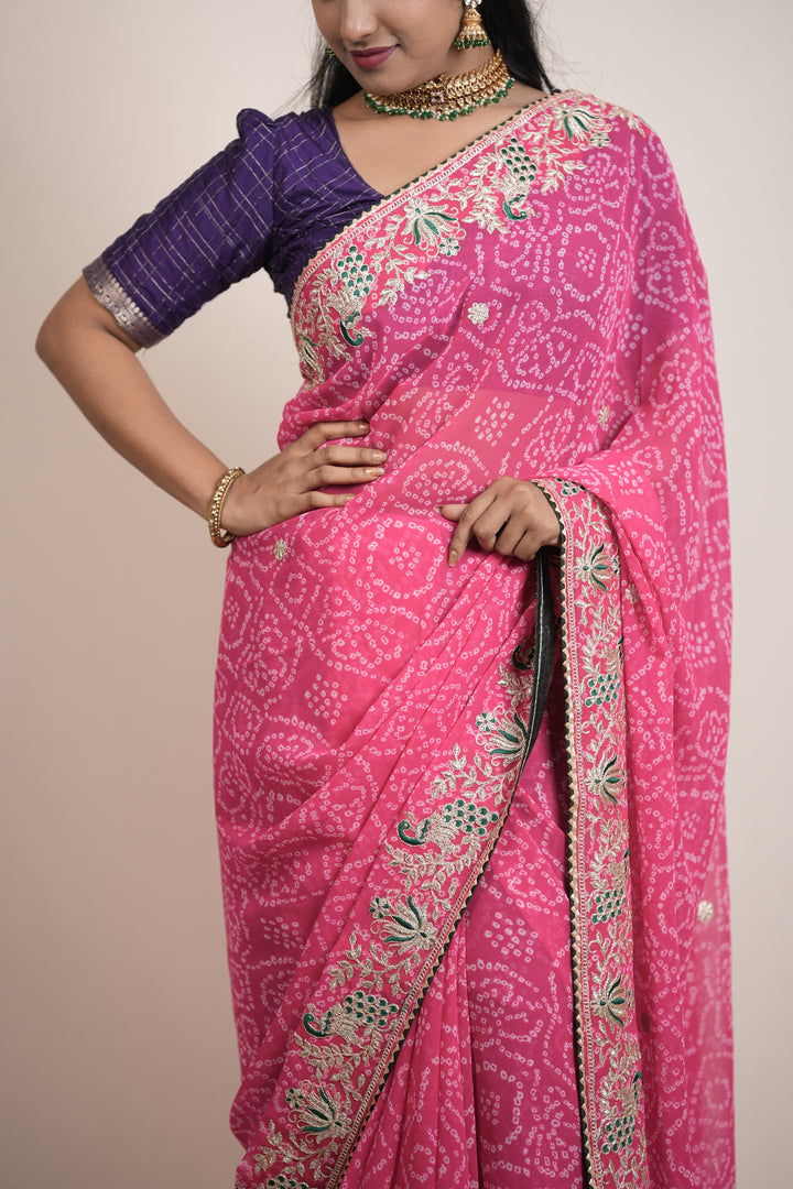 Vibrant Rani Pink with Antique Gold and Green Bandhani Saree