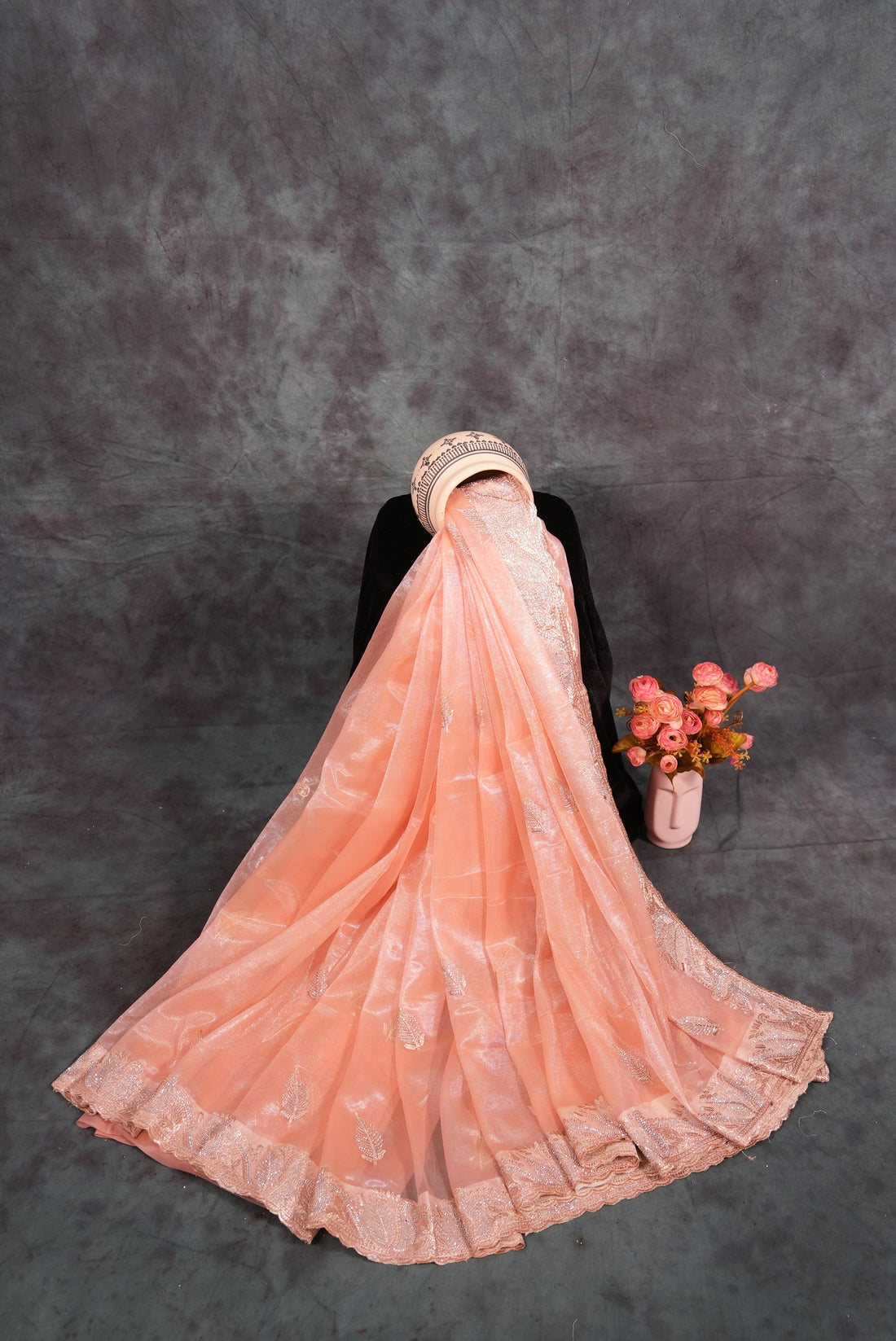 ISHNA Aarya Peach Embroidered Organza Saree