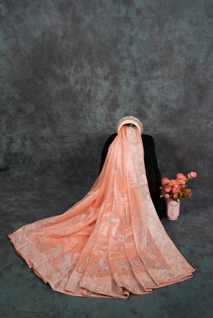 ISHNA Pastel Peach Organza Tissue Saree