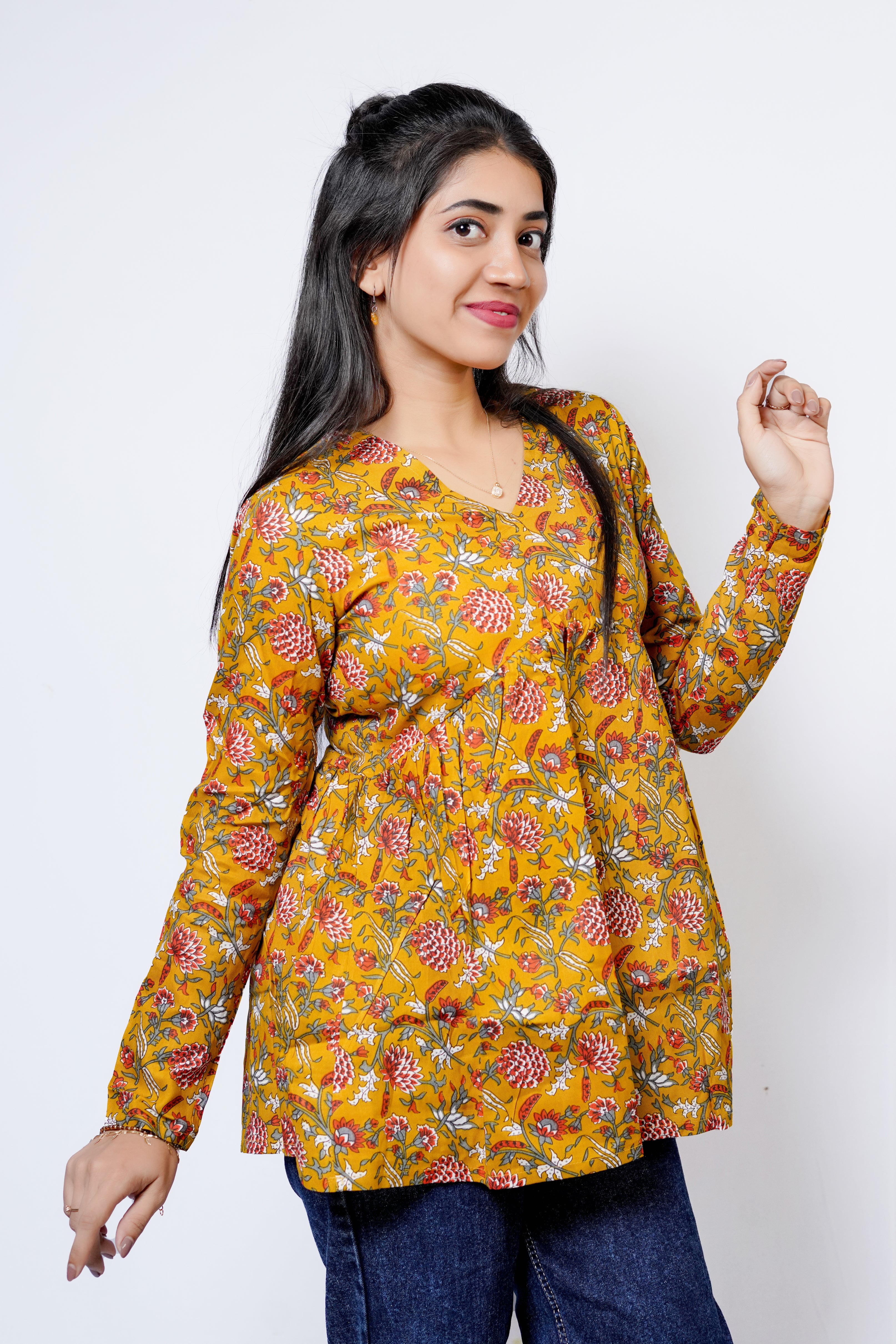 ISHNA Mustard Meadow Printed Short Kurti