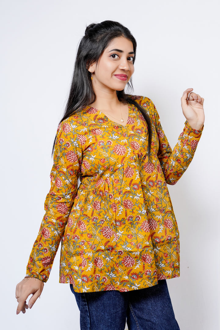 ISHNA Mustard Meadow Printed Short Kurti