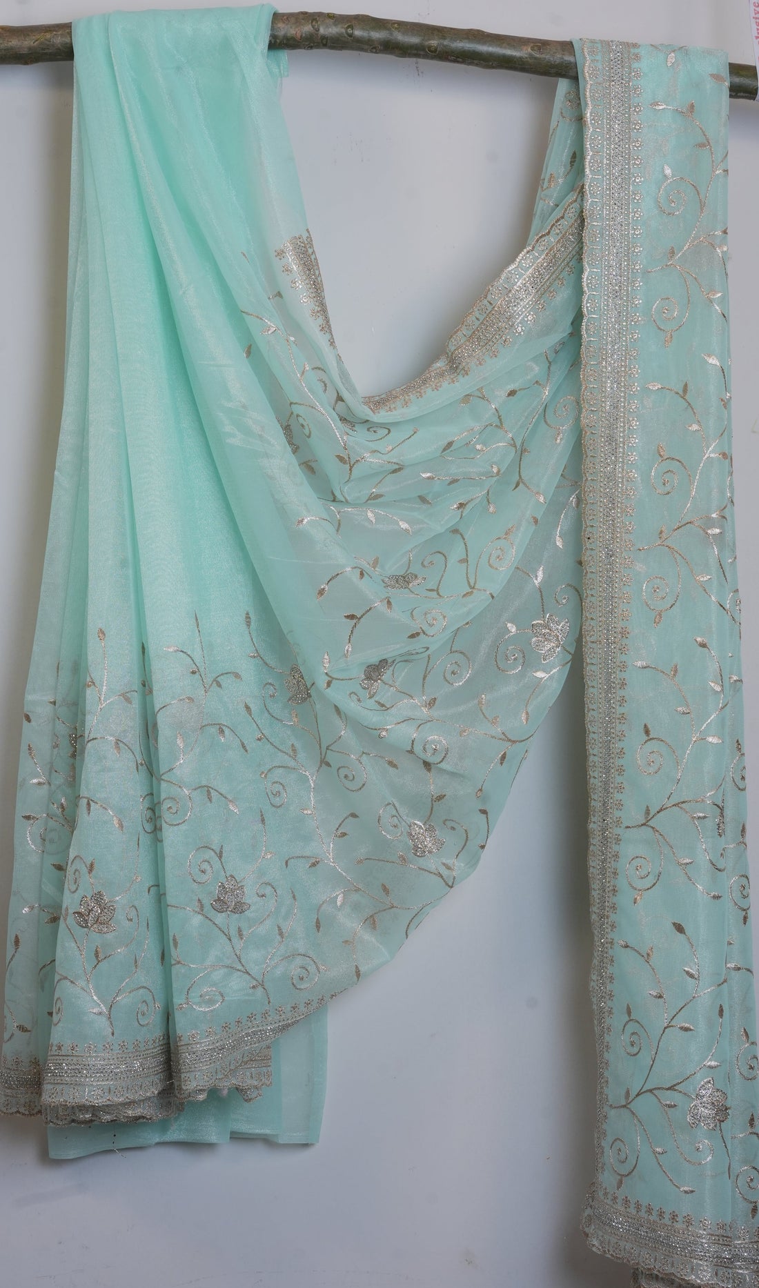 Seafoam Aqua with silver-toned zari Organza Tissue Saree