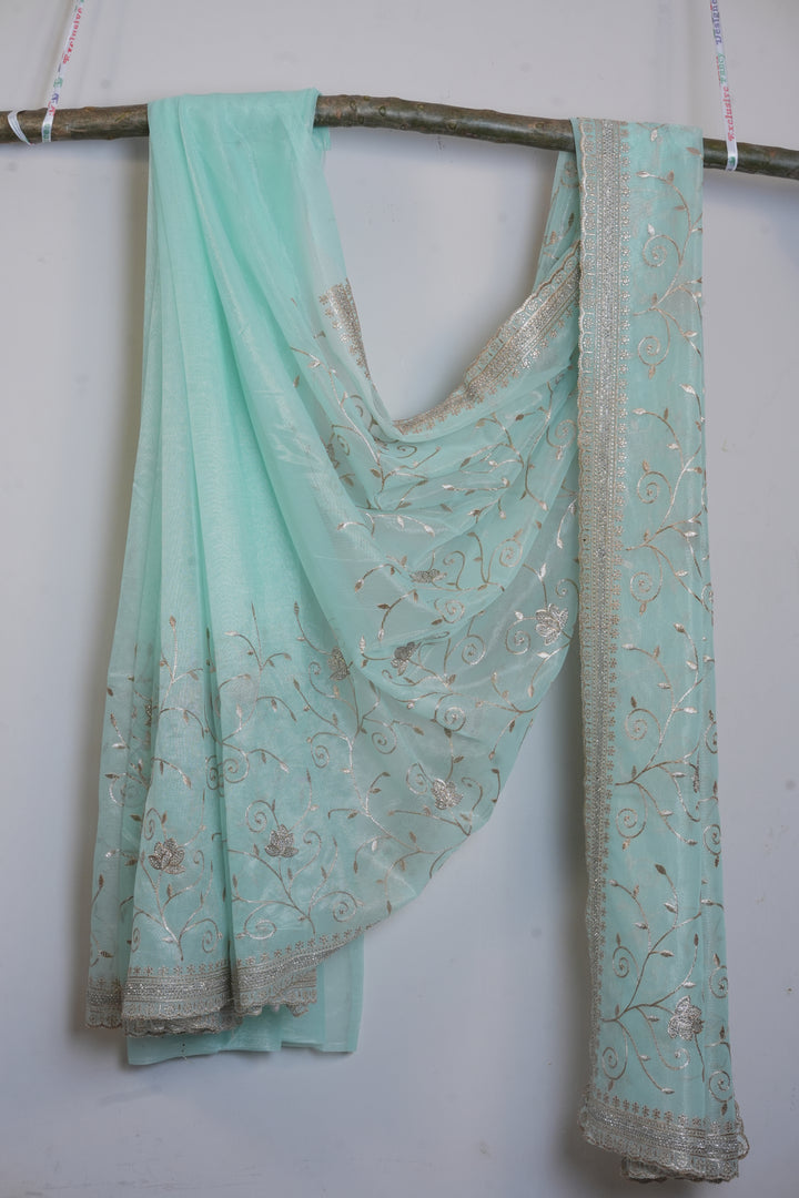 Soft Mint Green / Seafoam Aqua with silver-toned zari and sequin embroidery