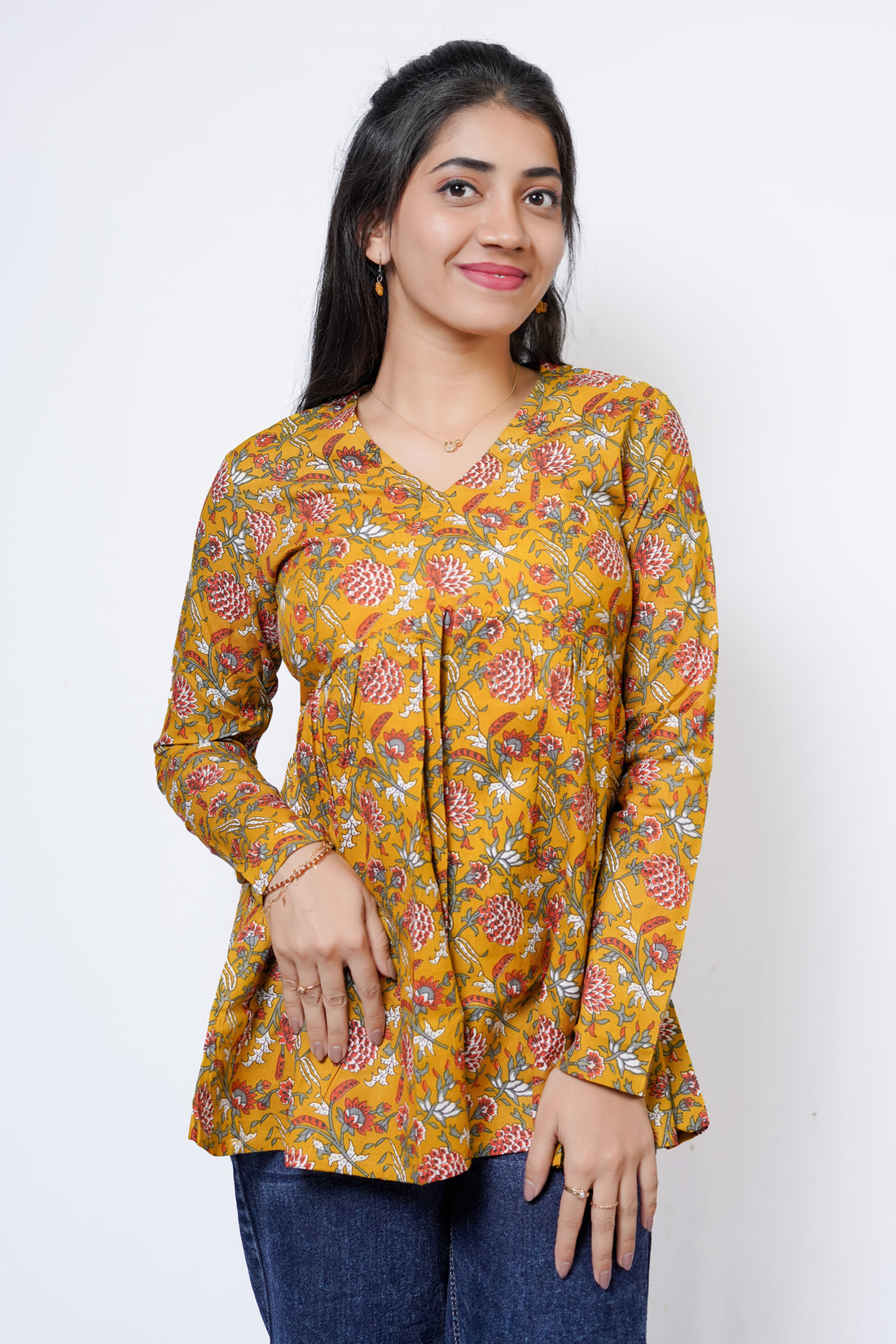 ISHNA Mustard Meadow Printed Short Kurti