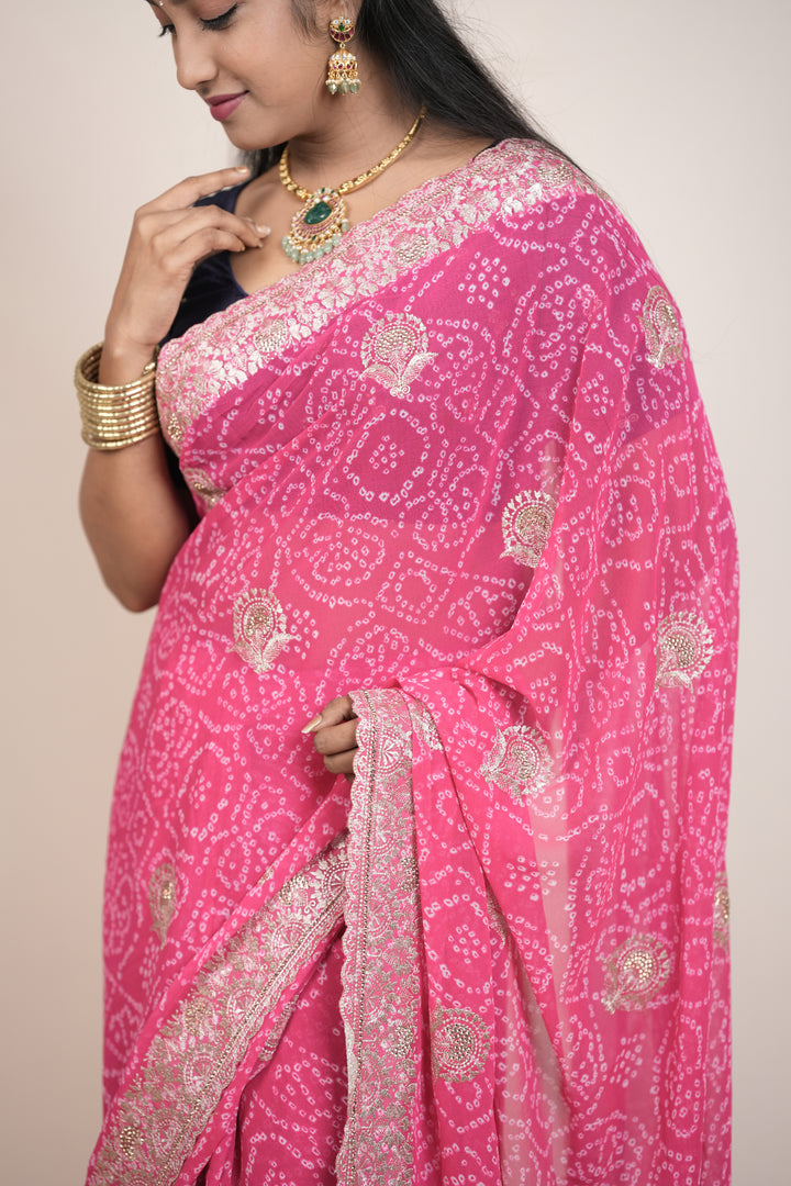 ISHNA Pink Bandhani Saree With Flower Border and Stone Work