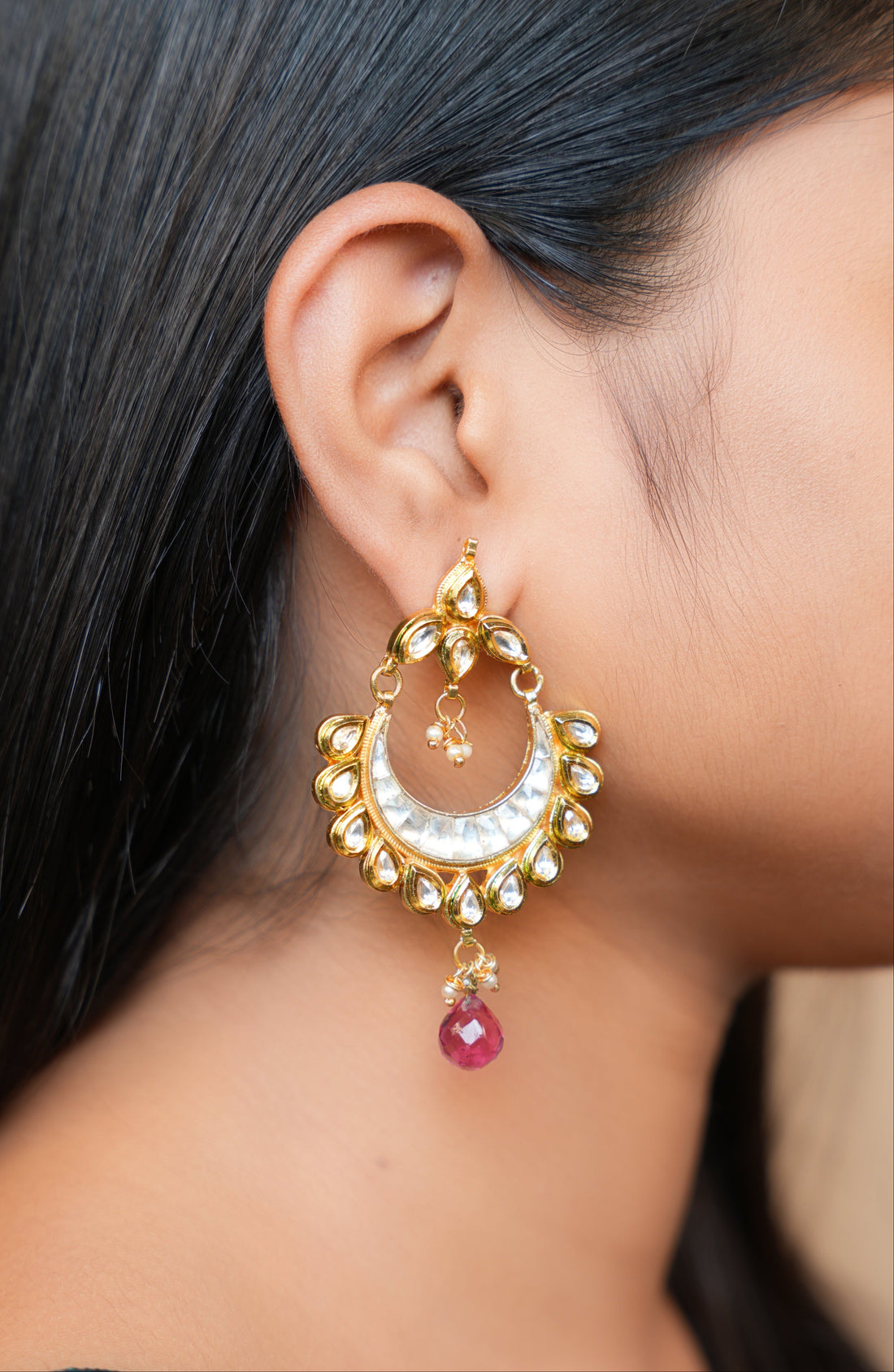 Golden Kundan Chandbali Earrings with Pink Drop