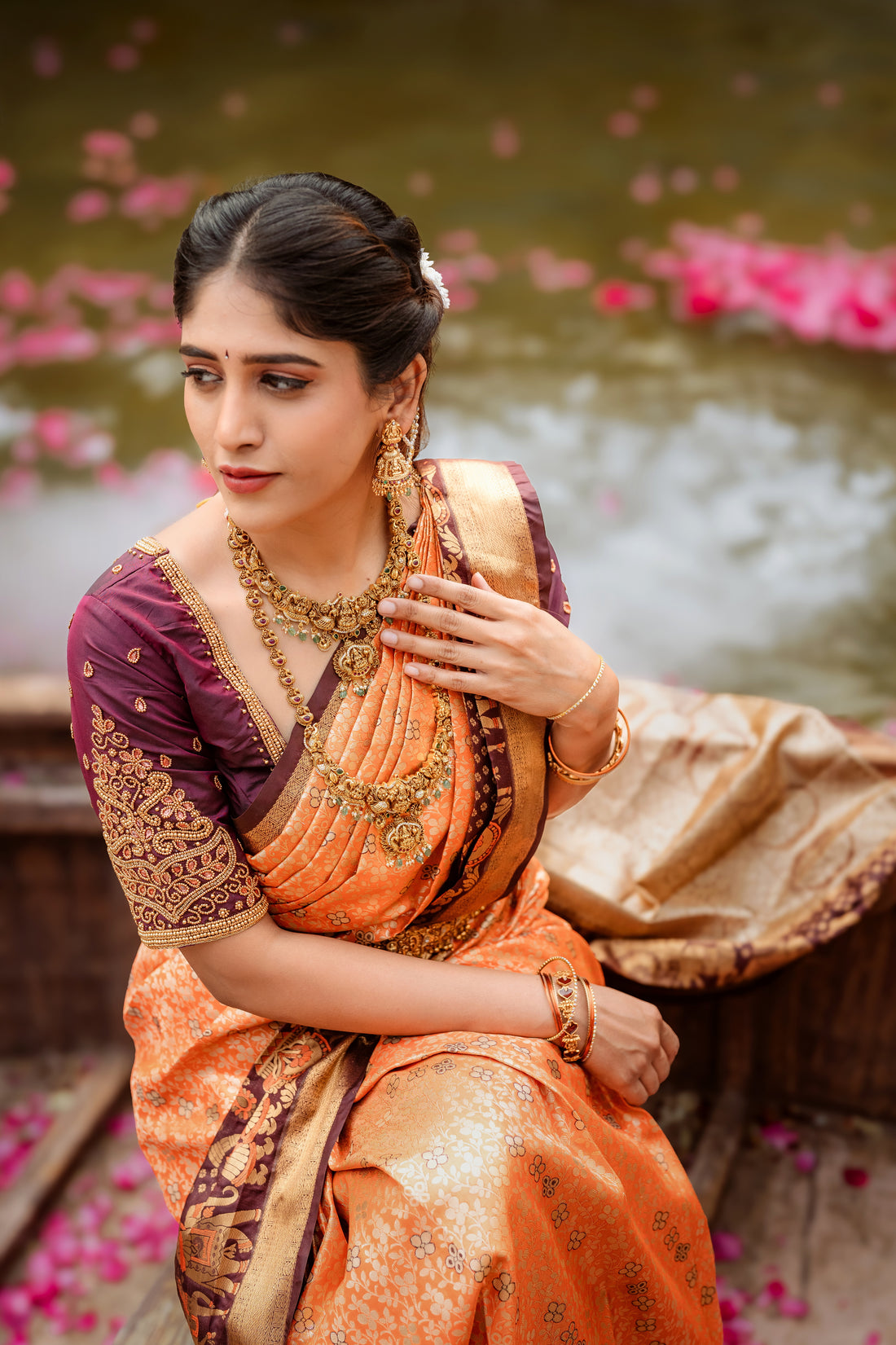 Kanchipuram (Kanchi) Silk Saree with burnt orange (rust orange) and deep maroon antique gold zari