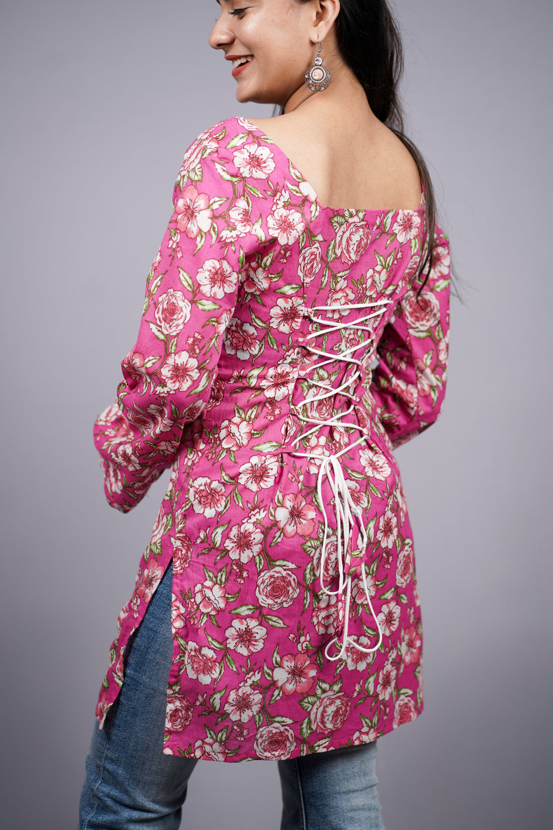 Gulabi Floral Jaipuri Short Kurti