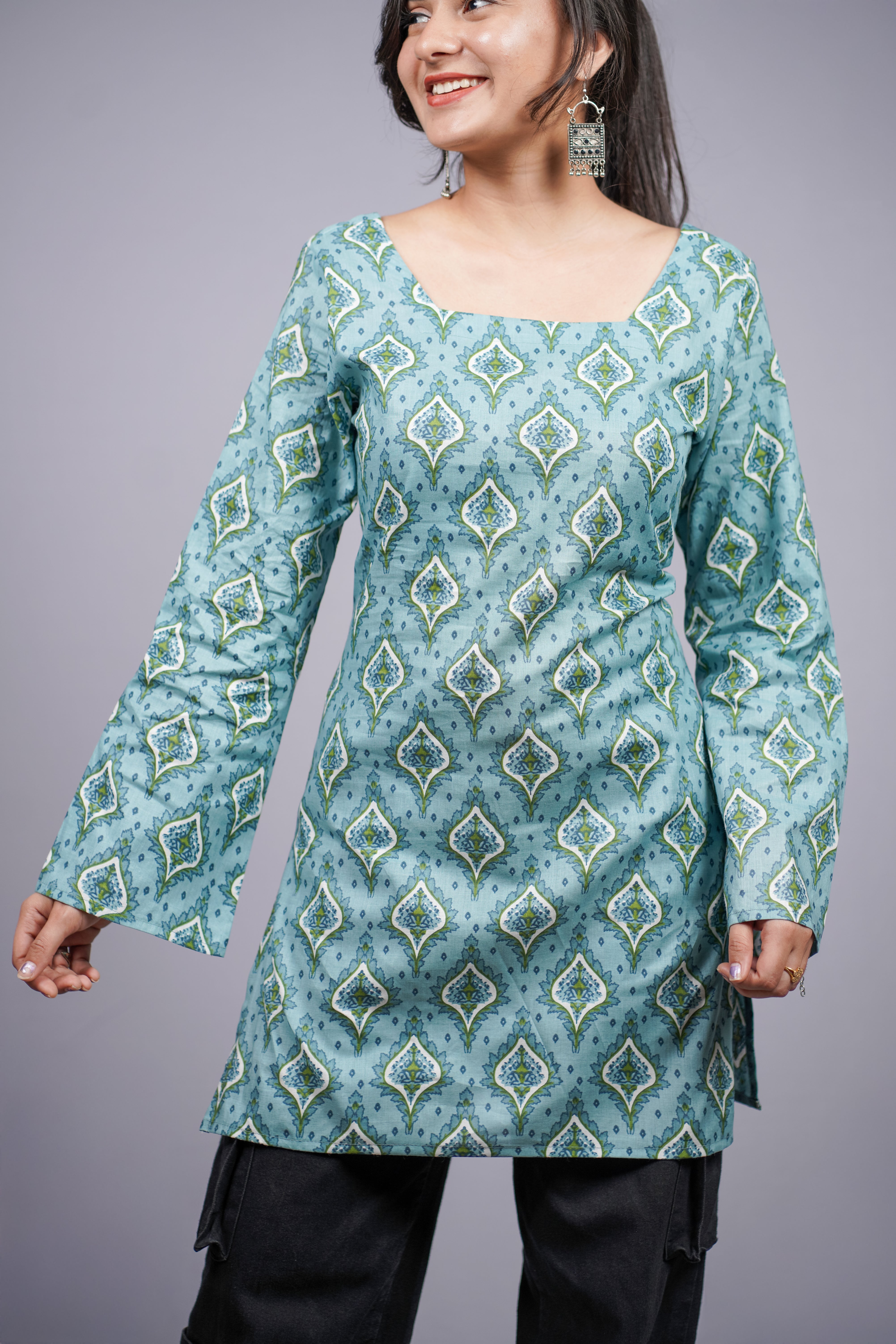 Saanjh Teal Jaipuri Short Kurti