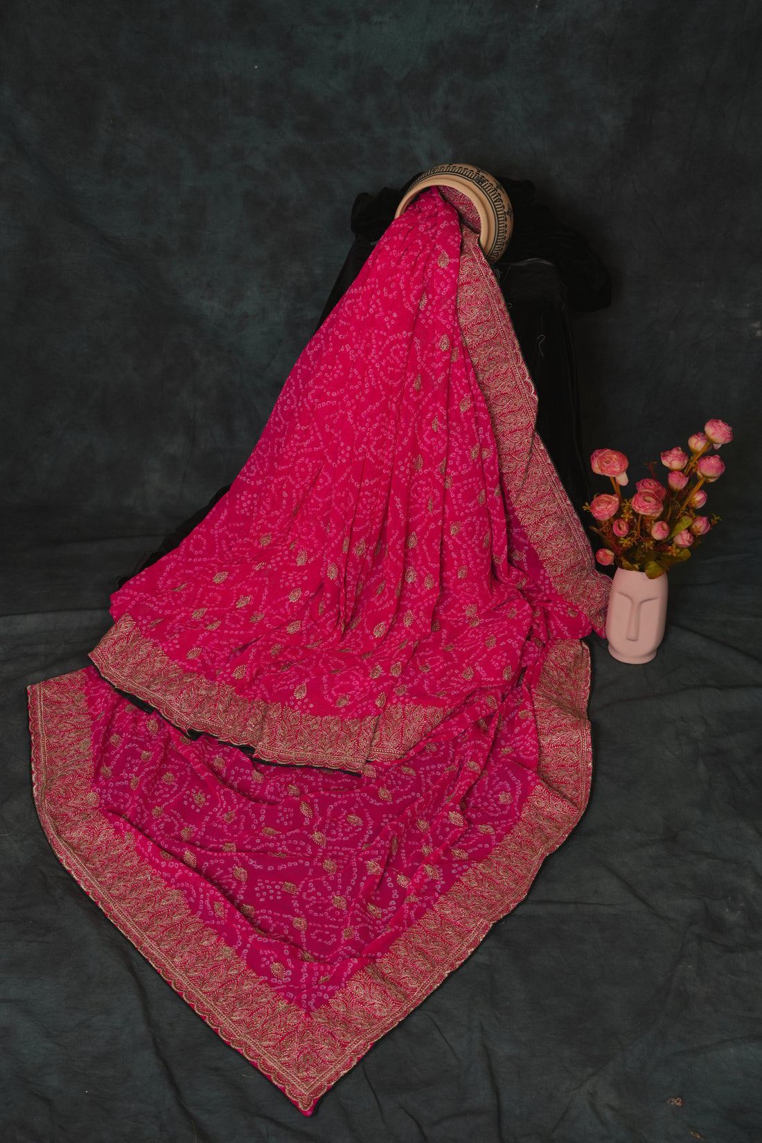 Deep Rani Pink with Antique Gold Shimmer Bandhani Saree
