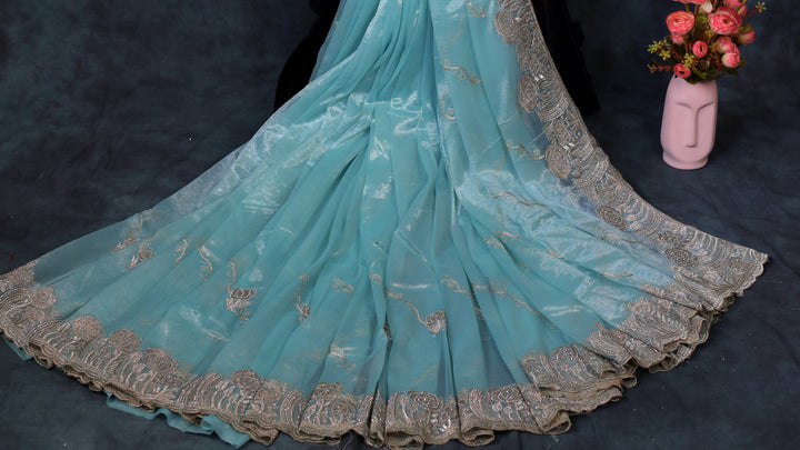 Crystal Blue Light Weight Premium Organza Saree With floral Embroidary Border