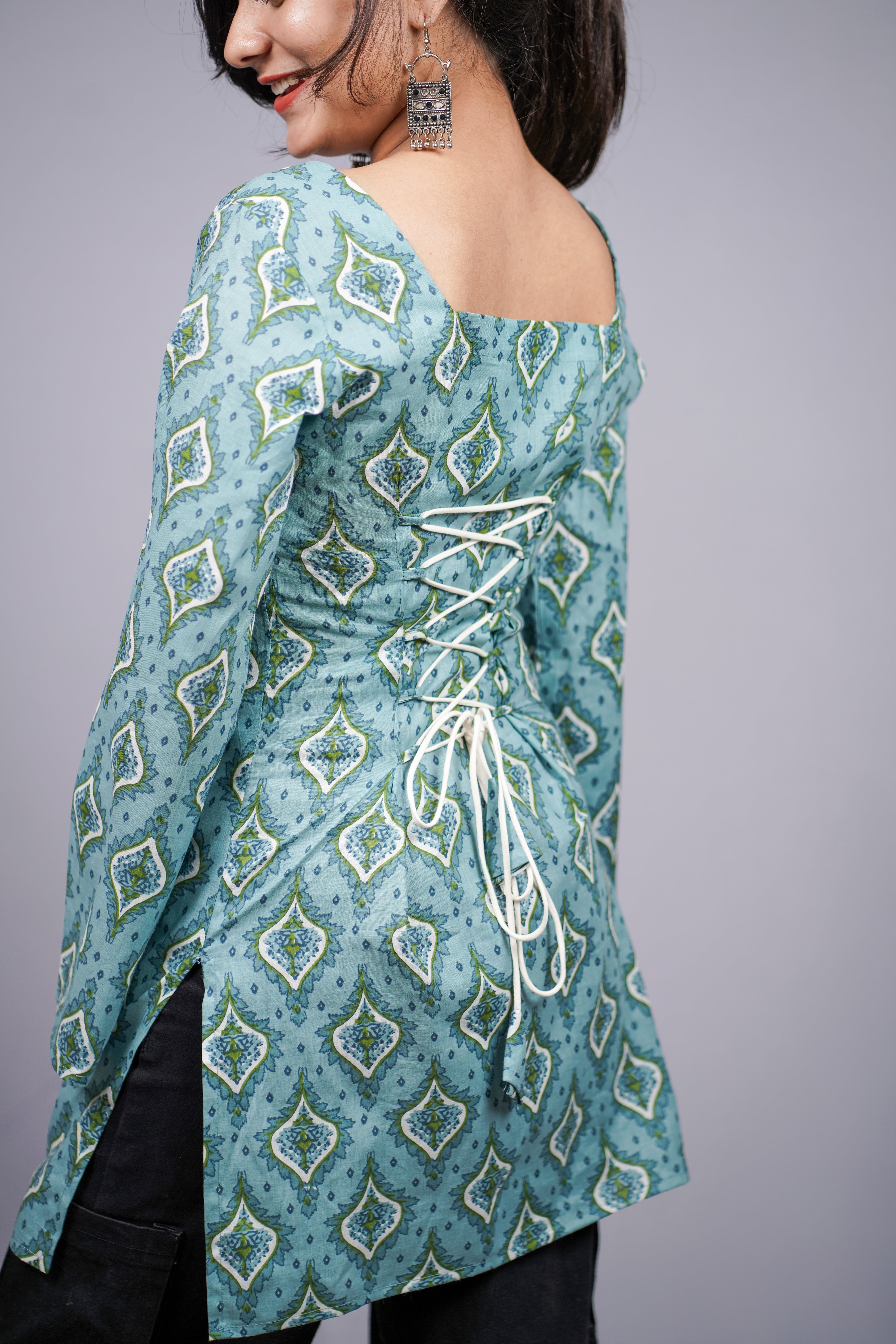 Saanjh Teal Jaipuri Short Kurti