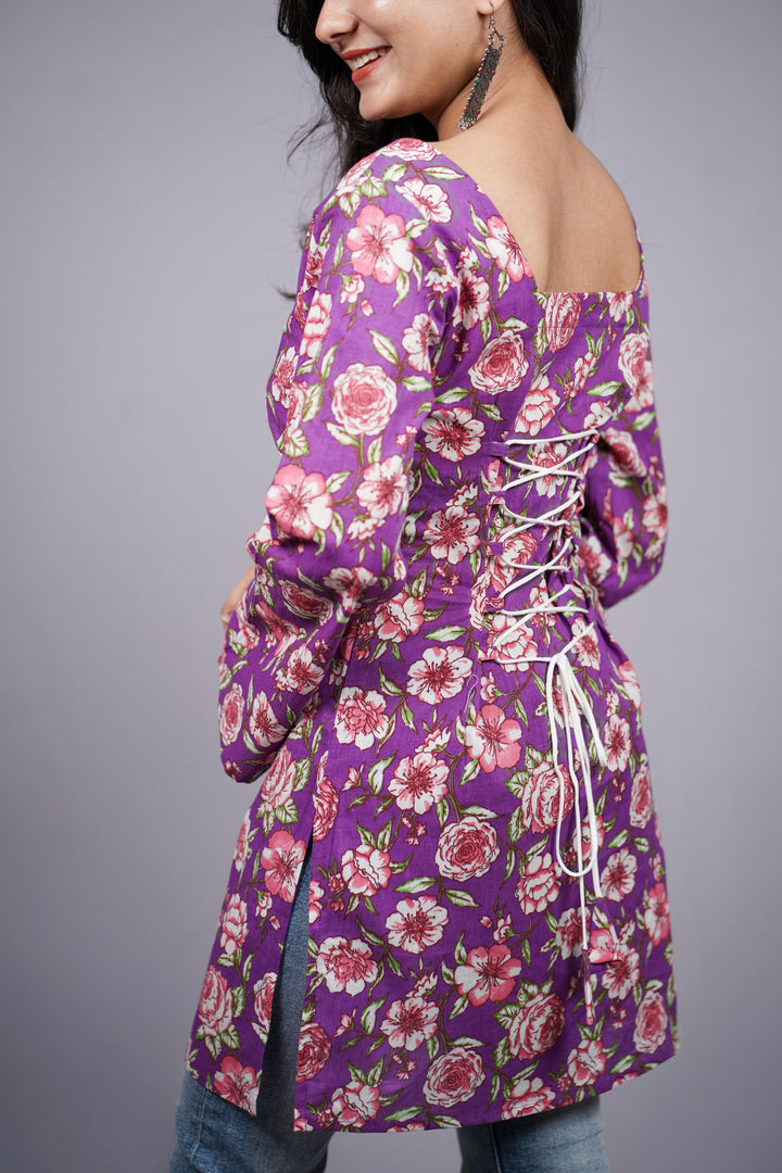 Gulnaar Purple Floral Short Kurti