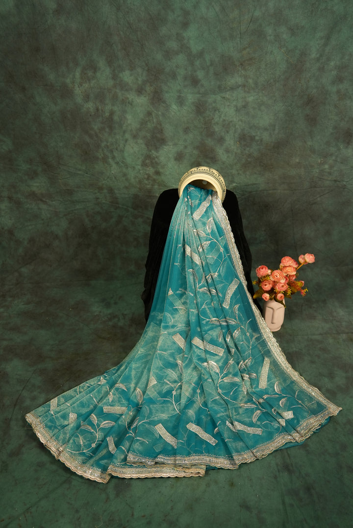 ISHNA TeaL Blue Organza Tissue Saree