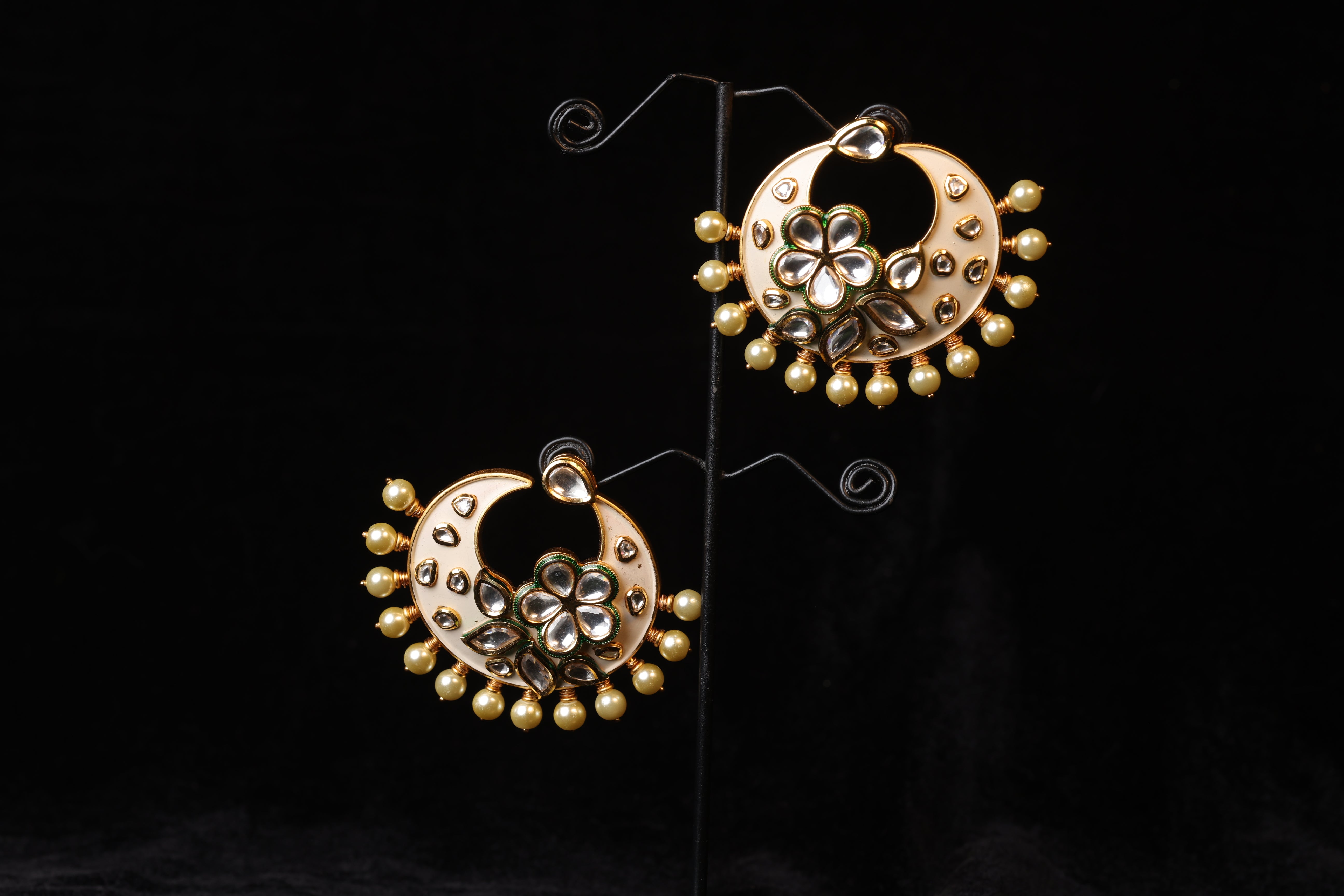 White Enamel Floral Half Moon Drops