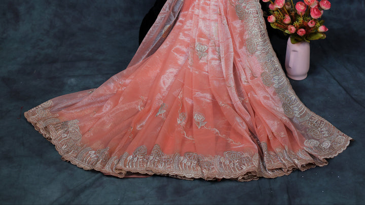 Champagne Peach Light Weight Premium Organza Saree With Floral Embroidary Jari Border