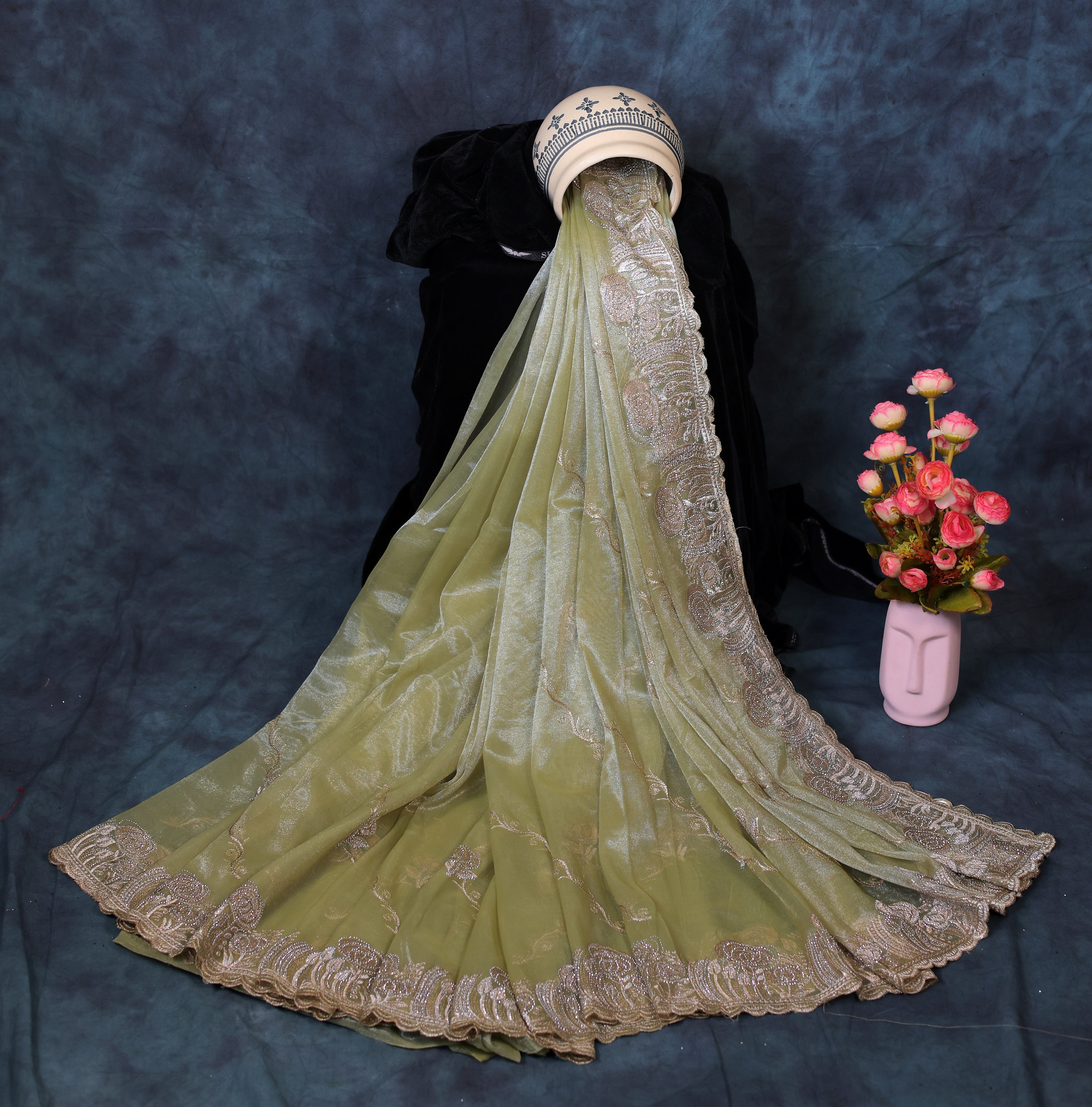 Light Pista Green Light Weight Premium Organza Tissue Saree