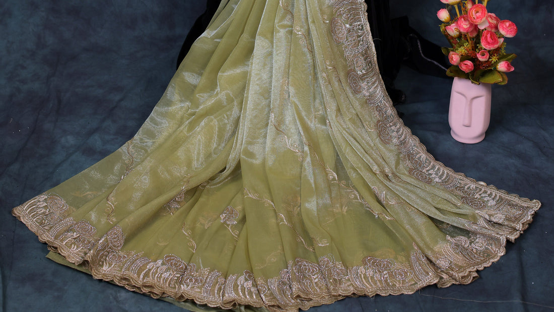Light Pista Green Light Weight Premium Organza Tissue Saree