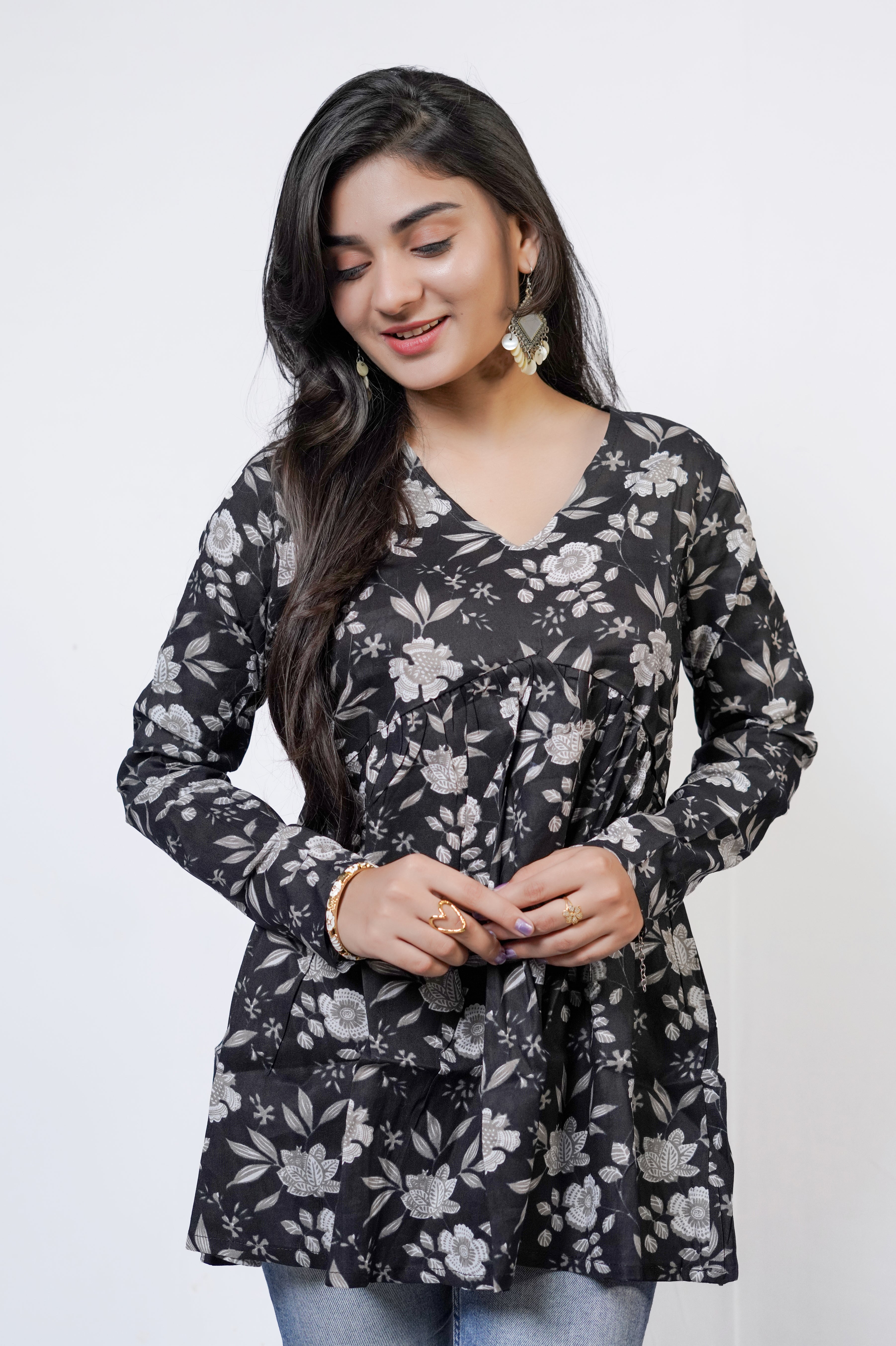 NOIR BLOOM Monochrome Floral Flared short kurti