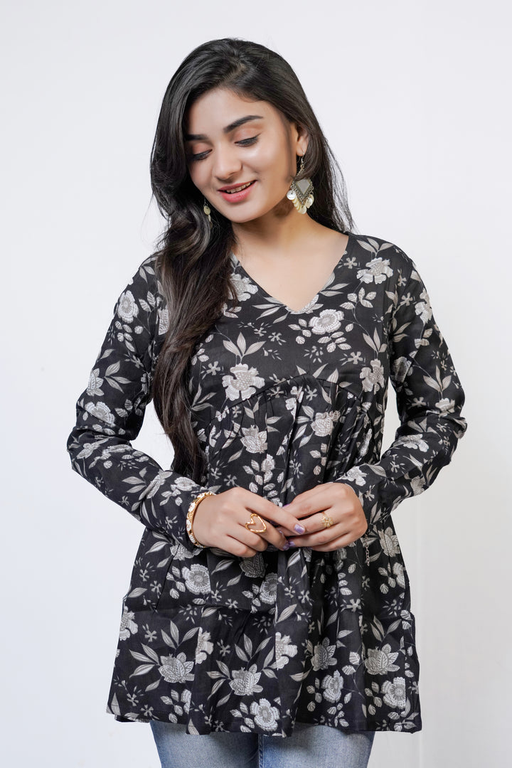 NOIR BLOOM Monochrome Floral Flared short kurti