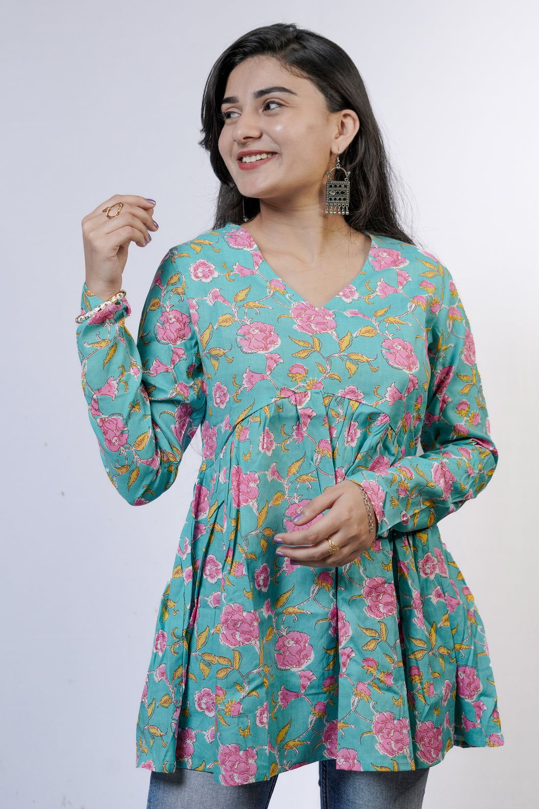 AQUA BLOSSOM Floral Flared short kurti