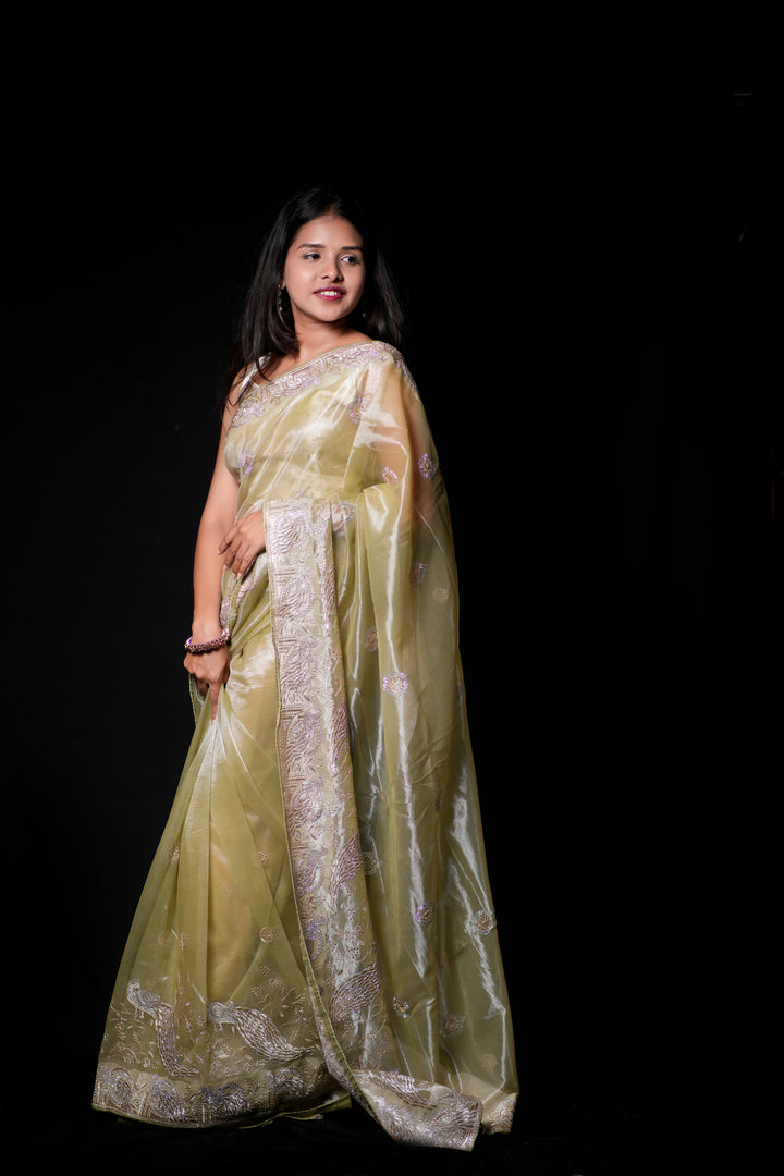 Pastel Pistachio Green with lace border Organza Tissue Saree