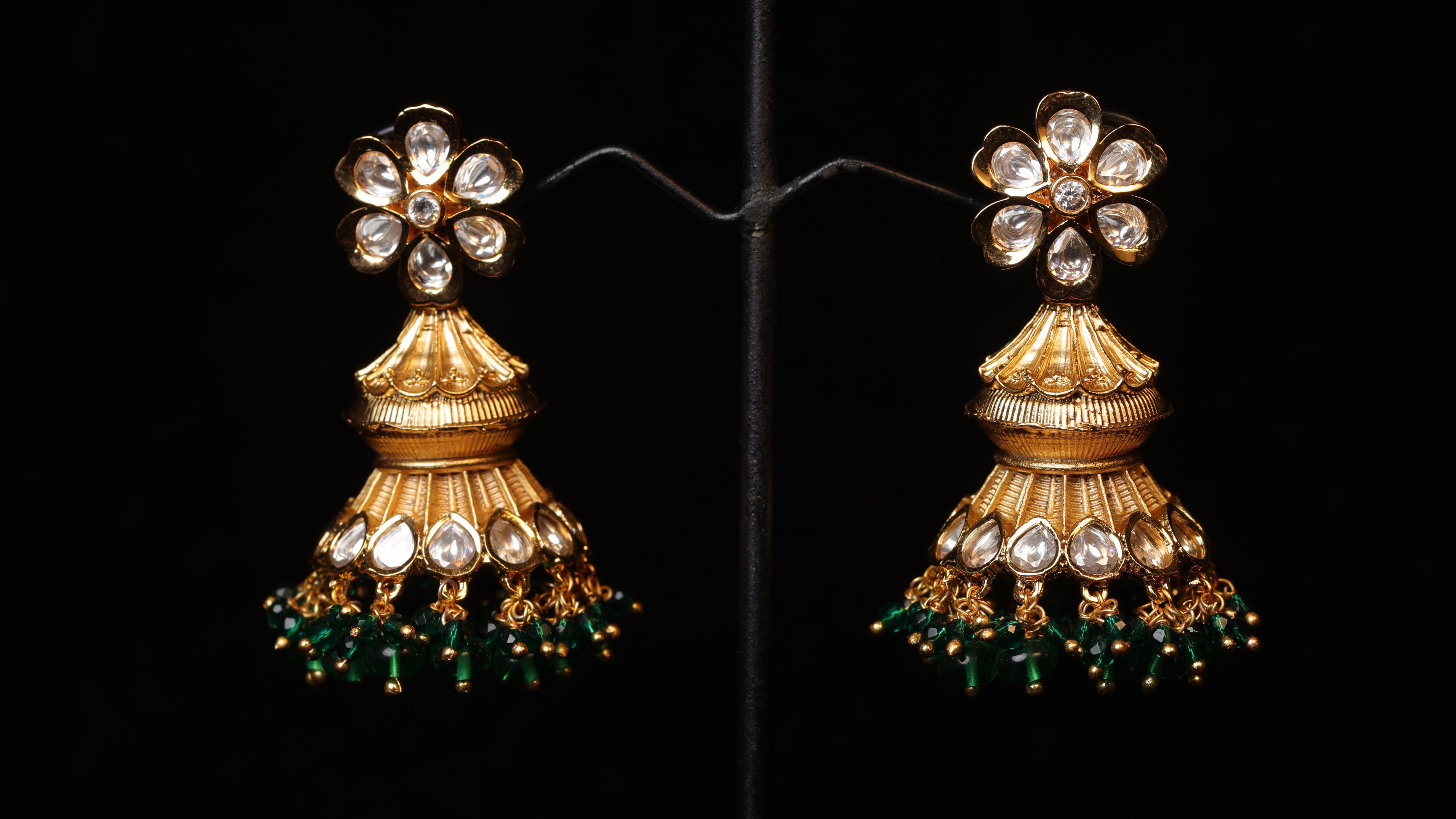 Regal Floral Green Drop Jhumkas