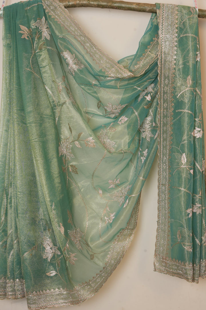 Soft Sea Green with Silver Shimmer and Organza Tissue Saree