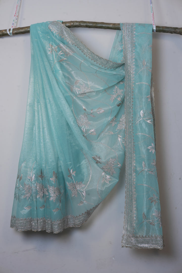 Crystal Blue Light Weight Premium Organza Saree With leaf Embroidary Border