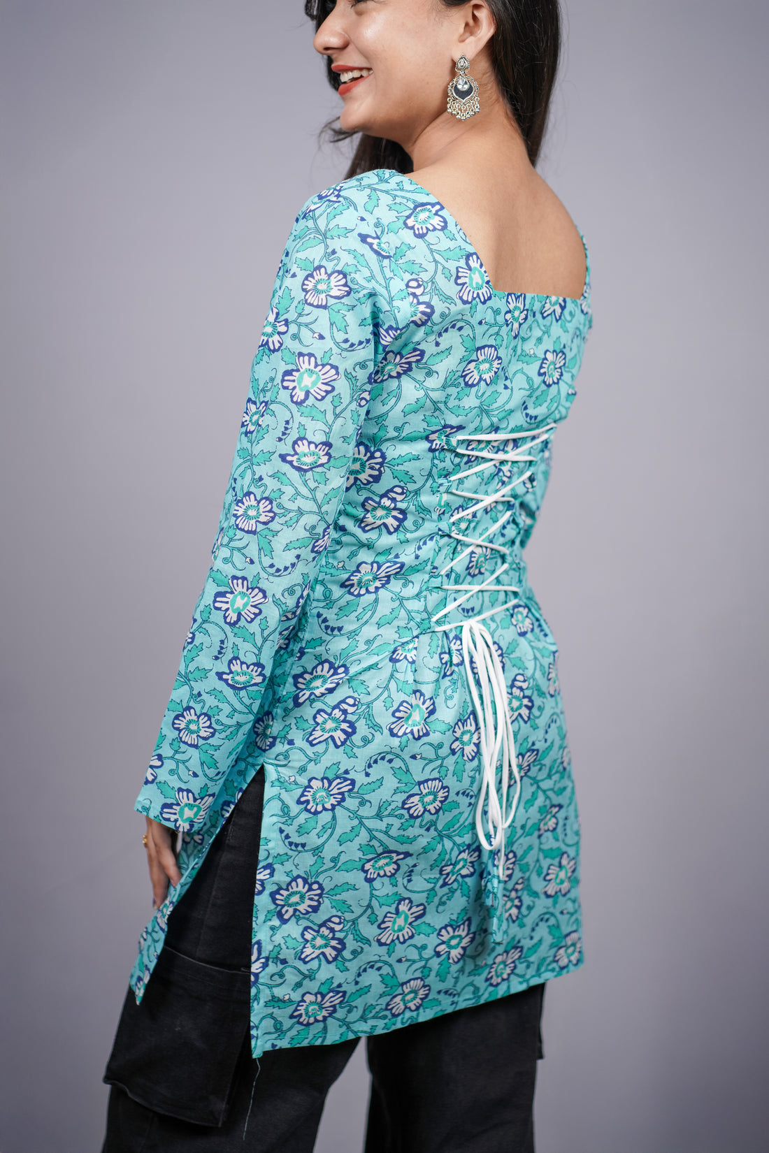 Tarini Teal Floral Jaipuri Short Kurti