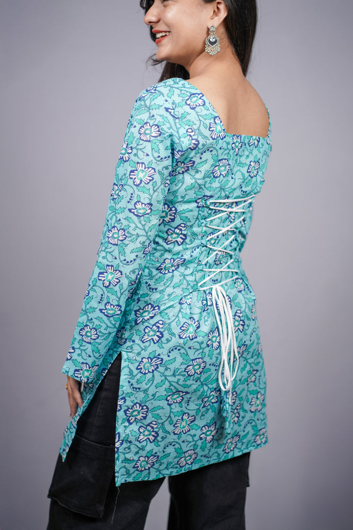 Tarini Teal Floral Jaipuri Short Kurti