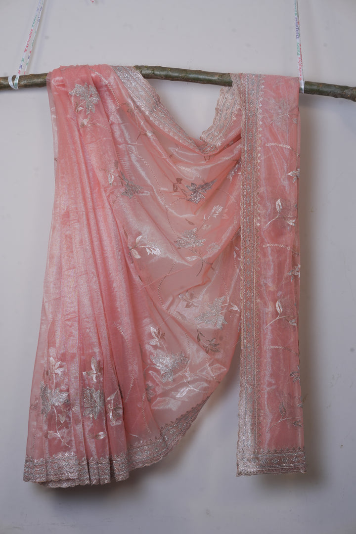 Champagne Peach Light Weight Premium Organza Saree With Leaf Embroidary Jari Border