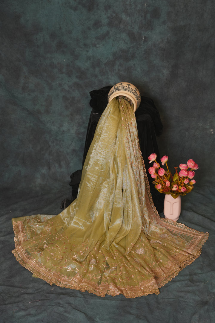 Olive Green with Antique Gold Shimmer Organza Tissue Saree