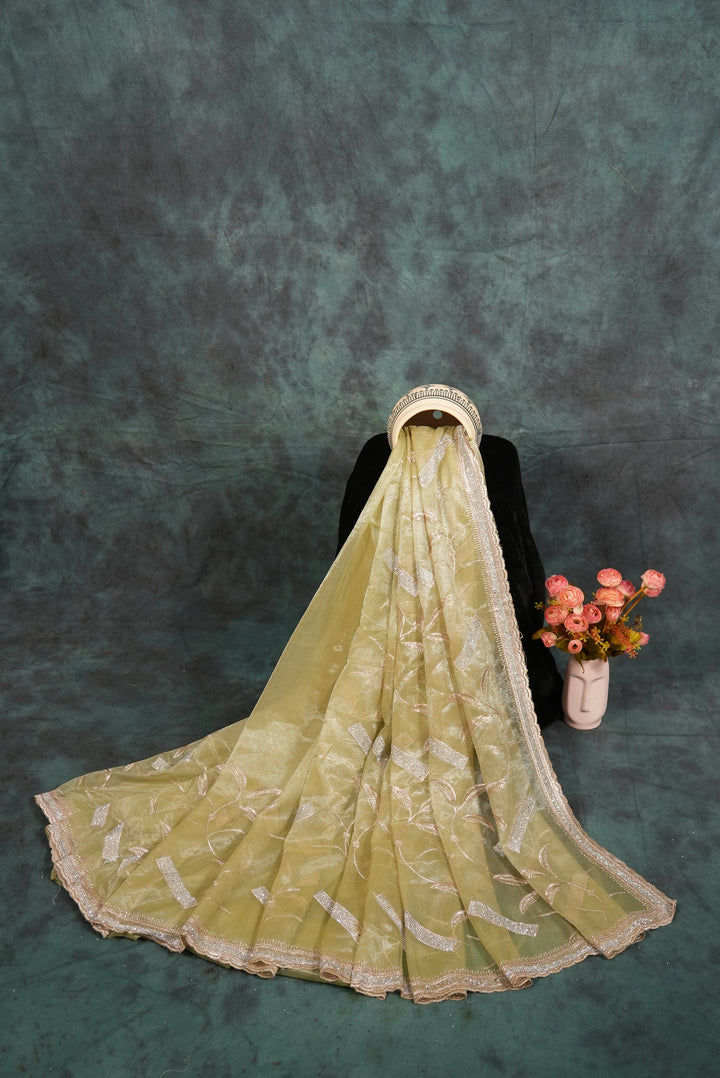 ISHNA Pastel Pista Green Organza Tissue Saree