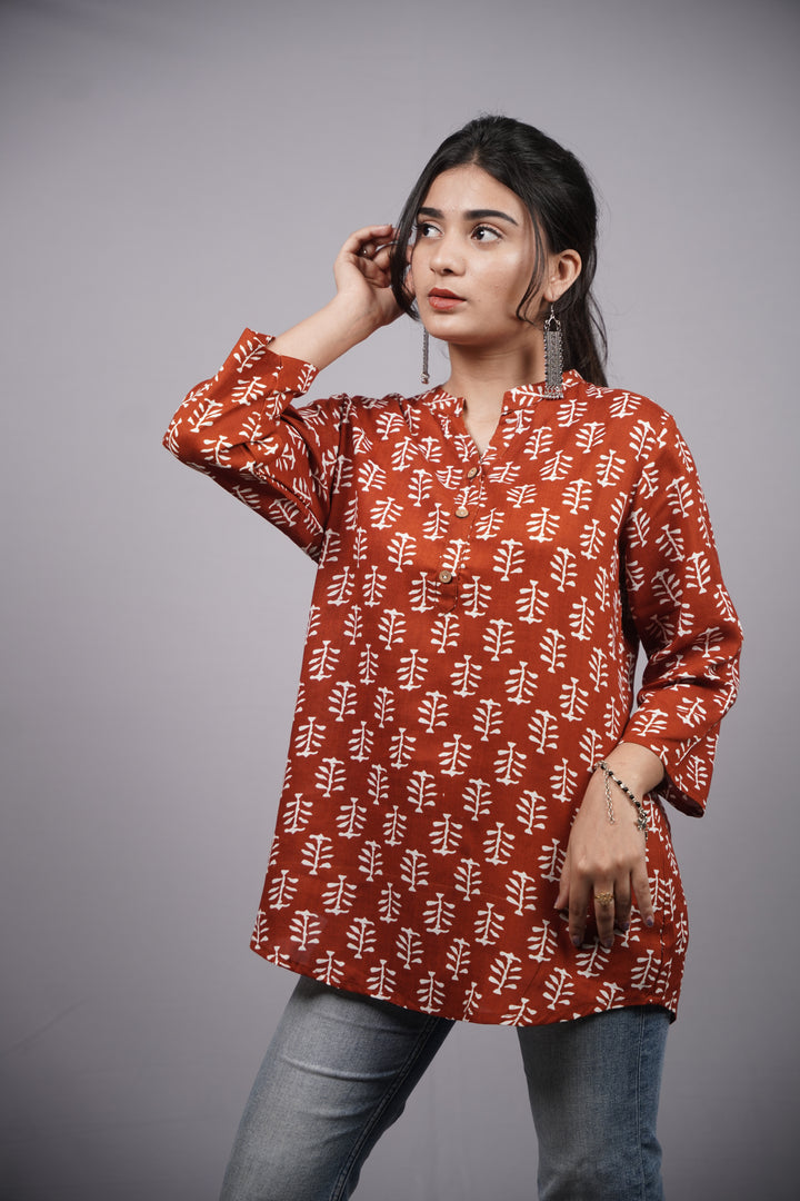 Rust Vriksha Handblock Cotton Short Kurti