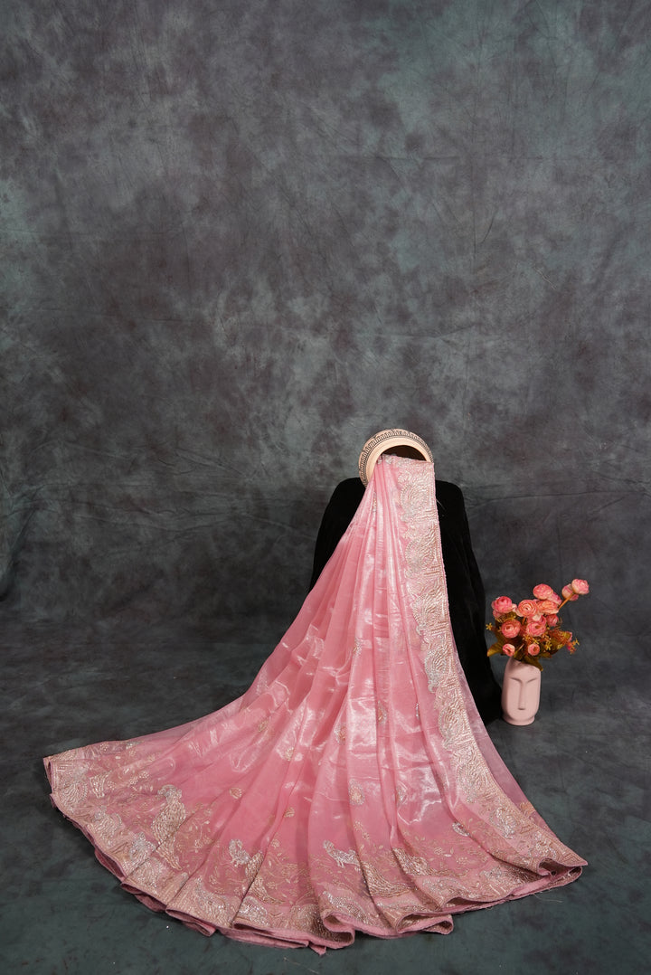 ISHNA Pastel Pink Organza Tissue Saree