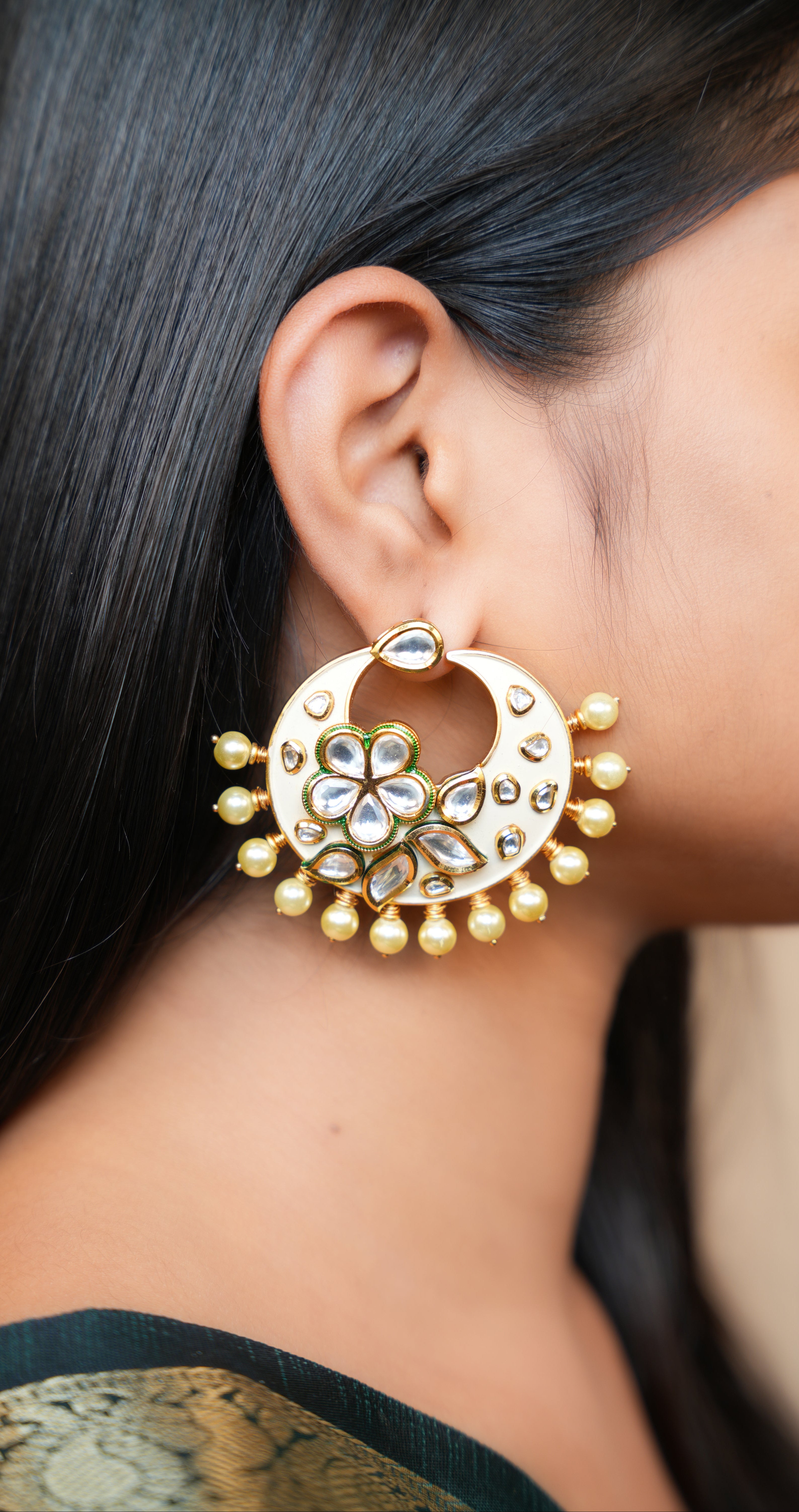 White Enamel Half Moon Chandbali Earrings