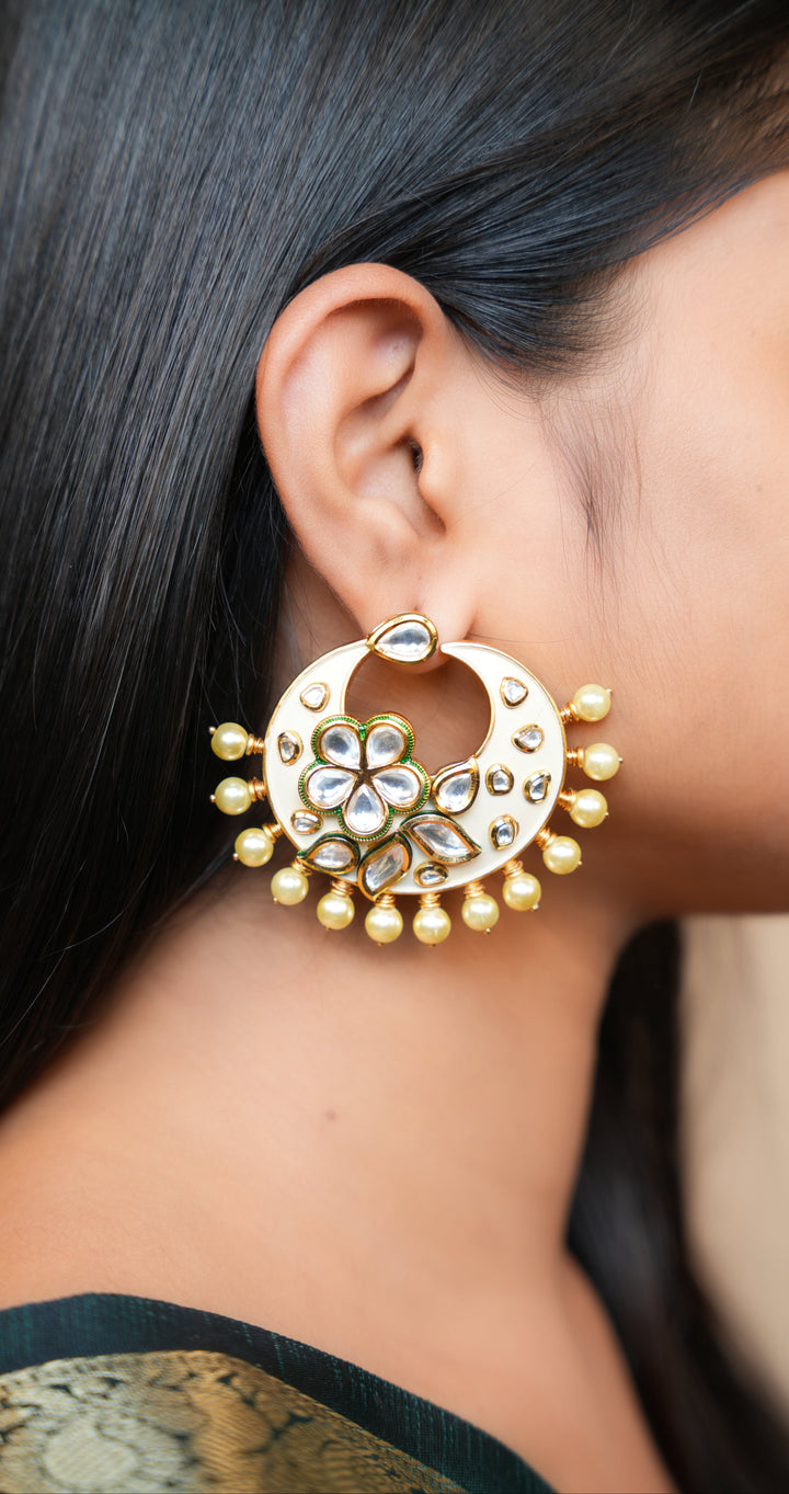 White Enamel Half Moon Chandbali Earrings